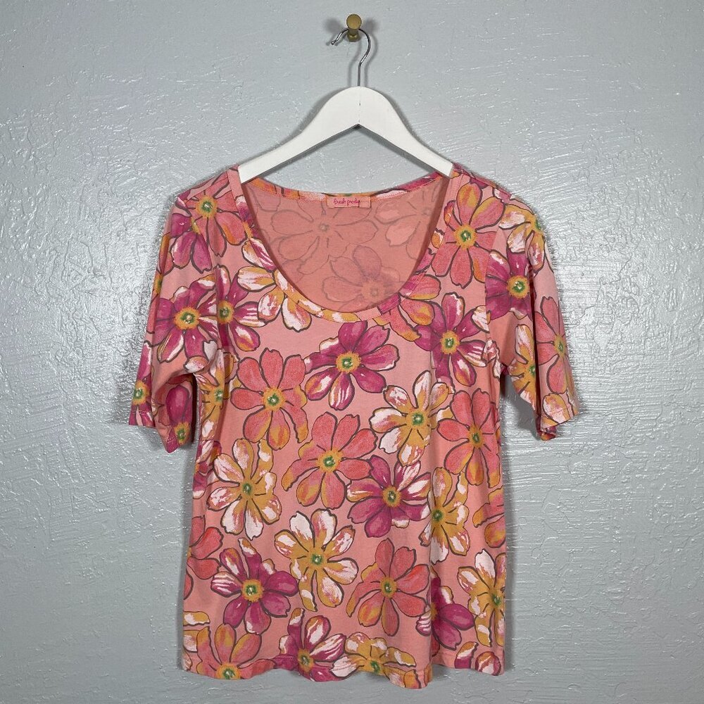 Fresh Produce Women L Pink White Yellow Floral Shirt Short Sleeve Scoop Neck